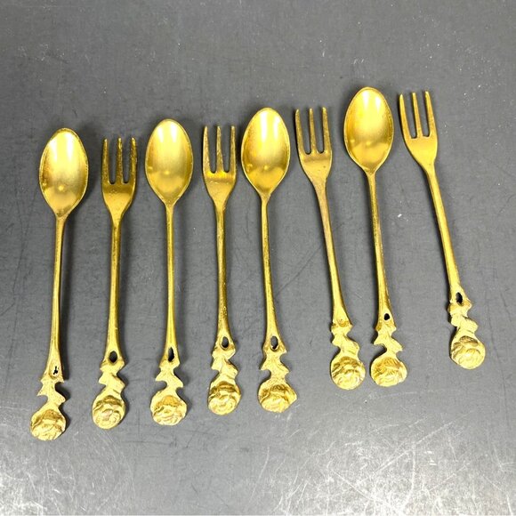 Brass Demitasse Coffee Spoon Dessert Salad Fork Gold Tone Rose Handle Set 4 VTG - Picture 2 of 13